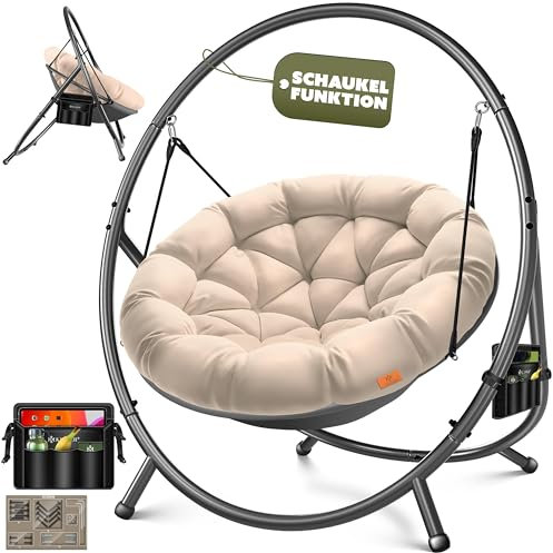 KESSER® Hamaca colgante con estructura, columpio colgante, hasta 150 kg, para interior y exterior, incluye cojín y bolsillo lateral, cesta colgante, estructura de acero y cojín de espuma, ideal para