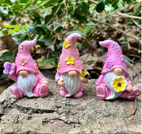 ACAREY 3 Stück Wichtel Gartendeko Für Draußen, Harz Wichtel Garten Deko Figuren, Kawaii Wichtel Dekoration Gartenfiguren, Geschenke Für Frauen & Mama, Wichtel Outdoor Für Terrasse (Rosa)