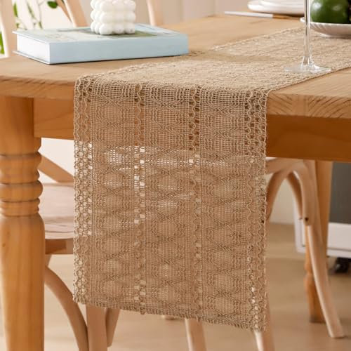 Jute Tischläufer Braun Makramee Natur Juteläufer Landhausstil 30 x 183 cm Häkelspitze Mesh Hochzeit Tischläufer Bauernhaus Vintage Tischdekoration für Hochzeit Küche Esstisch Kommunion