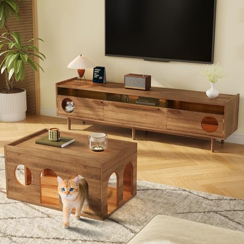 Aunvla TV-Schrank + Couchtisch, Wohnzimmer-Kombinationsmöbel-Set, 2-teiliges TV-Schrank-Set, LED, Haustier-Möbel, mit Katzenkorb, Nussbaum-Möbel-Set