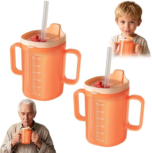 KUWUNG 2 Pcs Sippy Cup for Adults and Kids, 300ml Adult Sippy Cups for The Elderly Non Spill, Beakers for Elderly with 2 Handles, Drinking Cup with Lid and Straw, Non Spill Cups for Elderly (Orange)
