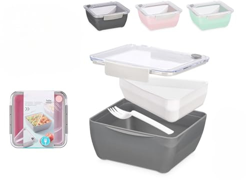Makio M Fiambrera con 2 Compartimentos, 1400 ml y 450 ml, Hermética con Tenedor, Apta para Microondas, Colores Gris/Rosa/Azul