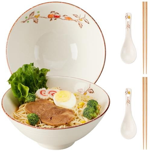 Japanisches Ramen Schüssel Set 2-teilig, 1200ml Große Keramik Nudelschalen mit Essstäbchen und Löffel, Mikrowellen- & Spülmaschinengeeignet, Perfekt für Pho,Suppe (Blumen- und Vogel-Set (2-teilig))