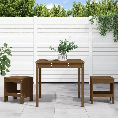 Bucmath 3-TLG. Garten-Bistro-Set Honigbraun Massivholz Kiefer, Robuster Holztisch mit 2 Hockern, Platzsparend für Balkon, Terrasse, 110 kg Tragkraft pro Sitz