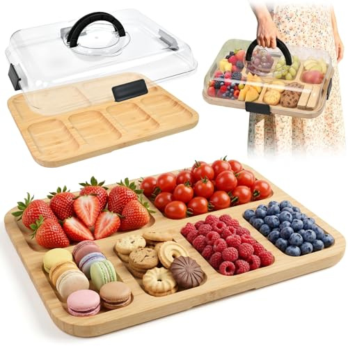 ZXBBTZ Charcuterie Board mit Deckel 36.7cm Servierbrett mit Griff Bambus Käsebrett mit Deckel Serviertablett für Käse Snacks Antipasti Großes Geteilte Snackplatte für Picknick Party 2–4 Personen
