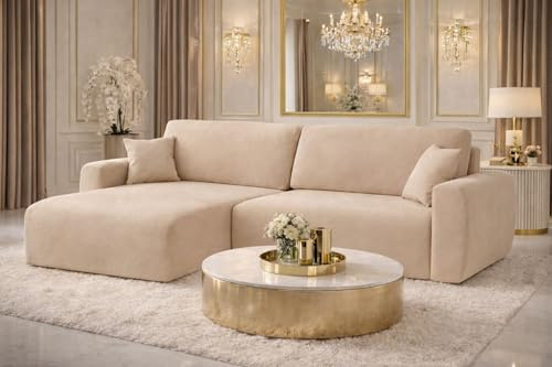 Kaiser Möbel Ecksofa mit Schlaffunktion und Bettkasten Ariel L – L-Form, Veloursstoff Salvador, Schlafsofa mit Liegefläche 200x140 cm, Modernes Wohnzimmersofa (Veluros-Salvador, Beige, Links)