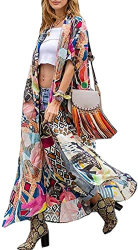 Kimono Kimonos for Women Beach Cover up Floral Print Short Sleeve Loose Open Front Cotton Cardigans Duster - Multicoloured - One Size