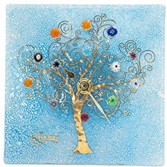 Sospiri Venezia Horloge de Table Verre Murano Mécanisme Silencieux Décoré Murrines et Feuille Or Idée Cadeau Fabriqué à la Main Made in Italy (14x14)