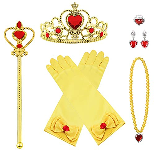 Vicloon Nuovi Costumi da Principessa Set di 8 Pezzi Dono da Tiara, Guanti, Bacchetta Magica, Anello, orecchino, Collana da 3 a 9 Anni (Giallo)