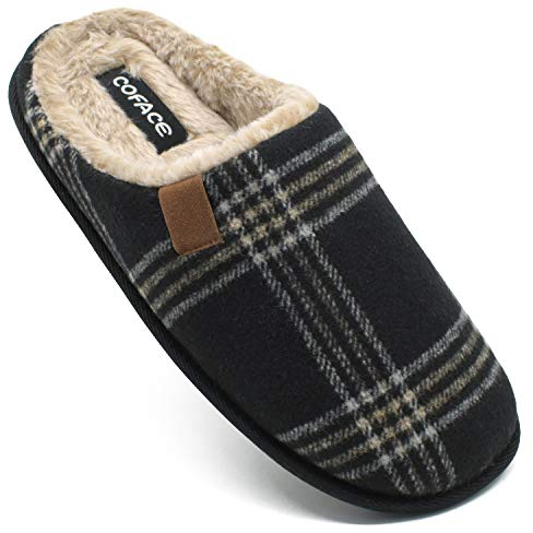 COFACE Schwarz Herren Rückstellschaum hausschuhe, warme plaid Pantoffeln für manner, flauschig plüsch Gefüttert mit Rutschfeste Gummisohle Größe 46EU