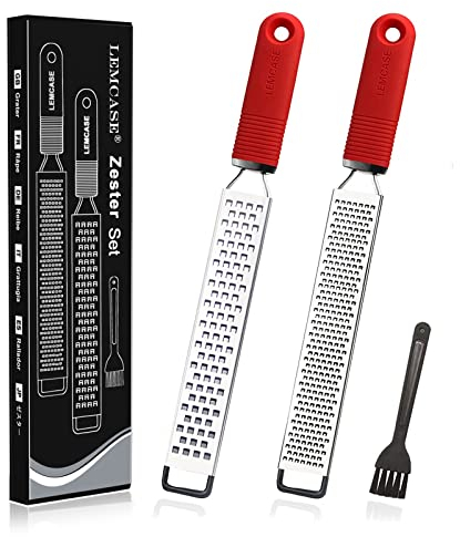 LEMCASE Lemon Zester and Cheese Grater - Citrus, Parmesan, Chocolate, Nutmeg, Garlic, Ginger - Silicone Handle and Stainless Steel Blades with Protective Cover | Red (2 Piece Set)