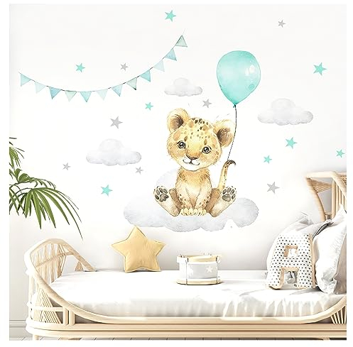 Little Deco Wandsticker Wandtattoo Kinderzimmer Deko Mädchen Junge Tiere Löwe Ballon Wolken Aufkleber Baby Spielzimmer Wandbild selbstklebend Mint DL685-4