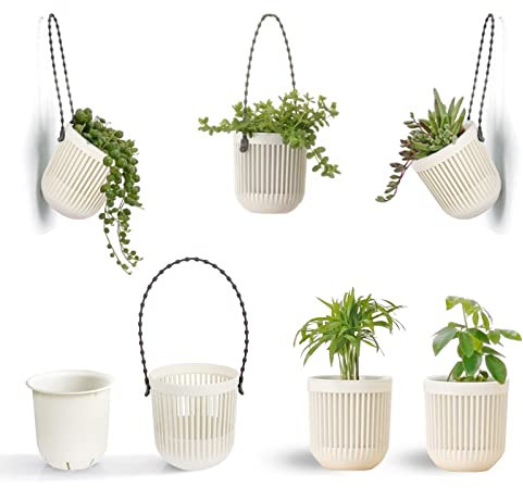 Melphoe Macetas suculentas de dos piezas de 3.5 pulgadas con drenaje, mango extraíble flexible, macetas, macetas pequeñas macetas para mini plantas que cuelgan en la pared o en la ventana 6 PCAK-White