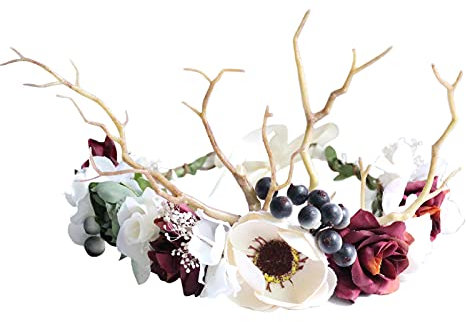 Brikuinr Deer Flower Crown Floral Wreath Headband Hair Wreath Hair Garland Flower Halo Floral Headpiece Boho with Ribbon Wedding Party Festival