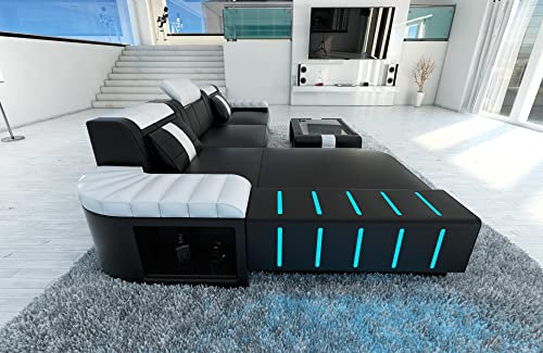 Sofa Bellagio L Form Ecksofa Leder Ledersofa mit LED Licht und Ottomane (Ottomane Links, Schwarz-Weiß)