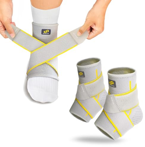 Bracoo Sprunggelenkbandage, 2 Stück Bandage Fußgelenk, Atmungsaktive Knöchelbandage rechts links, Fußbandage Sprunggelenk für Sport, Training, Plantarfasziitis, Achillessehne, FS60, Grau, S/M