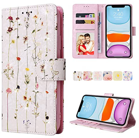 UEEBAI Wallet Case for iPhone 11 Pro 5.8 inch, PU Leather Phone Case Kickstand RFID Blocking Flip Case with Card Slots Wrist Strap Relief Engraved Pattern Magnetic Closure Folio Case - Vine