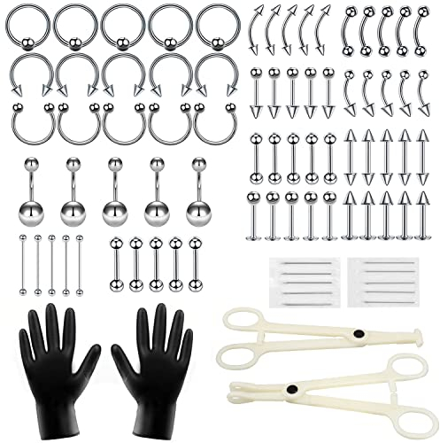 Thokono 84 Stück Piercing Kit Chirurgenstahl Retainer mit Klemmhandschuhen Körperpiercing Werkzeugset für Augenbrauen Bauchnabel Nase Septum Lippe Helix Tragus Industrial Barbell Ohr Piercing