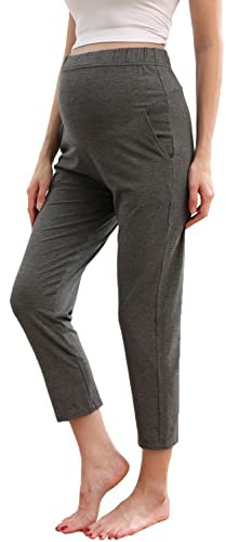 ZUMIY Pantalons de Maternité, Pantalon de Grossesse pour Femme, Maternité Basique Pantalon Décontracté Abdominal Panel sur Le Ventre avec Poches, Super Élastique et Confortable(L,Grey)