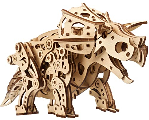 UGEARS Triceratops Dinosaurier 3D Holzpuzzle für Erwachsene - Mechanisches Modellbau Dino Holzbausatz im Maßstab 1:32 - DIY Modellbausatz Erwachsene Dinosaurier 3D Puzzle mit Lebensechtem Gang