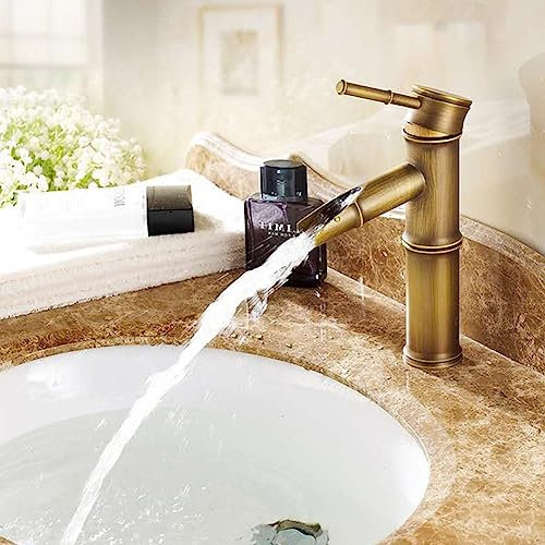 Grifo de lavabo, latón antiguo, con forma de bambú, grifo mezclador de agua caliente y fría, grifo mezclador de fregadero de una sola manija para el hogar, S