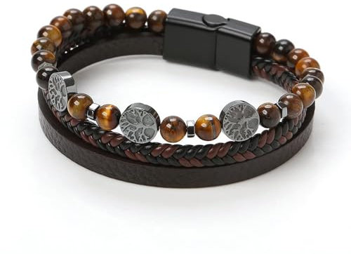 Bracelet Cuir Homme, Bracelet Viking Arbre De Vie, Bracelet Homme, Bracelet En Pierre Naturelle Tressée, Bracelet Ajustable Homme et Ado Garçon, avec Fermeture Magnétique, pour Hommes Cadeau