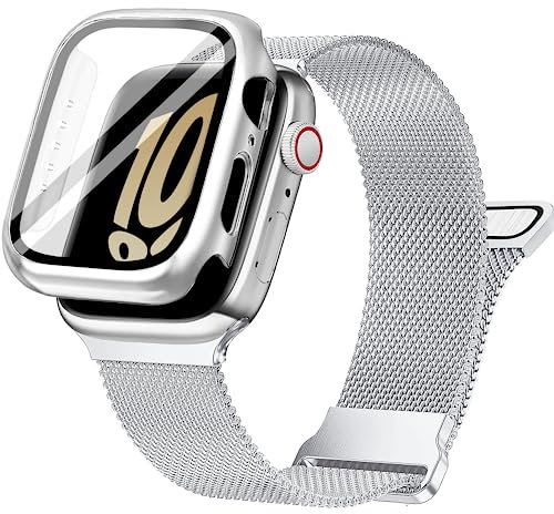 Ocaer Kompatibel mit Apple Watch Armband 44mm mit Hülle, Metall Magnetisch iWatch Armband mit Bildschirmschutz für Apple Watch SE Series 6 5 4,Edelstahl Mesh Loop (Silber, 44mm)