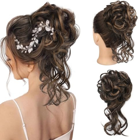 REECHO Messy Bun Hair Piece, Tousled Updo Elastic Hair Bun Hair Piece for Women Synthetic Messy Hair Bun Donut Accessories Scrunchies - Chocolate Brown with Highlights