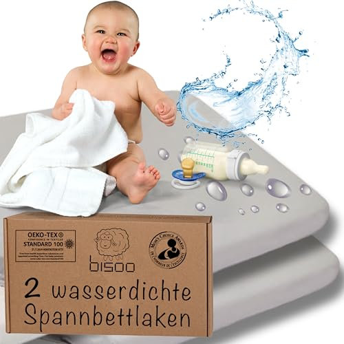 Bisoo Spannbettlaken 90x45 für Kinderwagen Beistellbett Babywiege - 2in1 Matratzenschoner 45x90 Baby Wasserdicht Spannbettlaken 100% Baumwolljersey Öko-Tex Zertifiziert - 2 Stück Set Grau