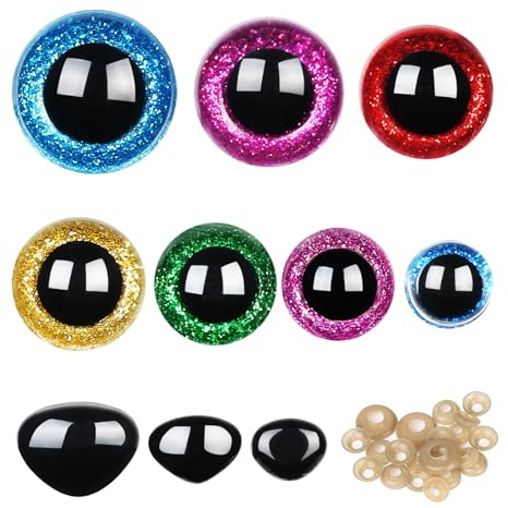 CoKeeSun 100 Stück Sicherheitsaugen und Sicherheitsnasen, Bunte Groß Glitzer Sicherheitsaugen für Häkeltiere, Kunststoff Puppenaugen für Plüsch Puppe Marionette Teddybär (12mm-26mm)