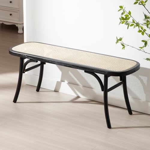 Wahson Esstischbank Rattan, Sitzbank Holz Esszimmerbank Atmungsaktive Eingangsbank Küchenbank abgerundete Rattanbank Natur für Esszimmer/Balkon, 96.5cm,Schwarz
