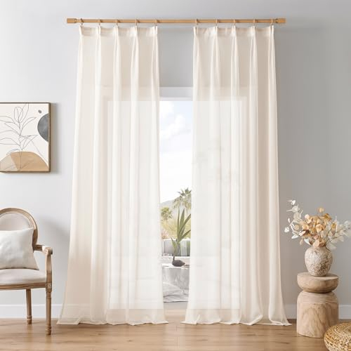 Softalker Gardinen Kräuselband Beige Vorhänge 245 cm Hoch Vorhang Durchsichtig Gardine Schal 140 cm Breit Gardinen mit Ösen 2er Set für Schiene Vorhang Wohnzimmer Modern Gurtains Living Room
