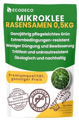 ECODECO Mikroklee Samen 500g - Weiß Klee Samen - Clover Rasen Samen - Zwergklee für Gleichmäßiges und Grüner Gras - Microclover für Grassamen Saatgut - 400 m²mit Gras oder 200 m² Allein