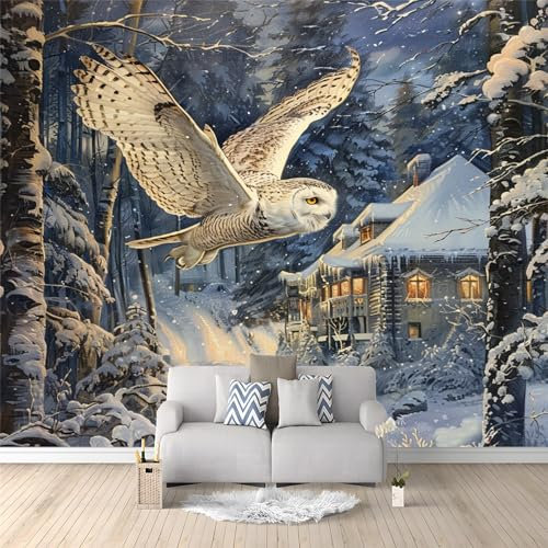 Papier Peint Intissé 200 x 140 cm Déco Murale Maison Chambre Salon, Photo Murale Décorative Harfang des neiges - Pour Jeunesse Enfants