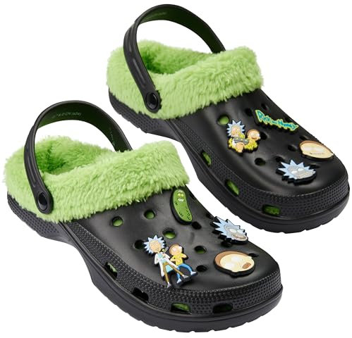 RICK AND MORTY Winter Clogs Herren, Fleece-Pantoffeln mit abnehmbaren Pins, Plüsch Hausschuhe Herren & Teenager (Schwarz/Grün, 44/45 EU)