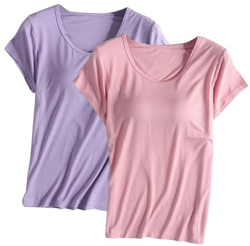 Keepink Lot de 2 t-shirts à soutien-gorge intégré pour femme - Haut rembourré à manches courtes - Pyjama doux - Chemises décontractées pour l'entraînement, le yoga, la gym, l'été - Coupe ample