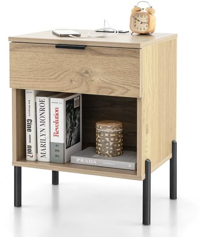 COSTWAY Nachttisch mit Ladestation, Beistelltisch mit Schublade & offenem Fach, Nachtschrank mit Metallbeinen, Sofatisch für Wohnzimmer & Schlafzimmer, Eiche, 45 x 40 x 58 cm