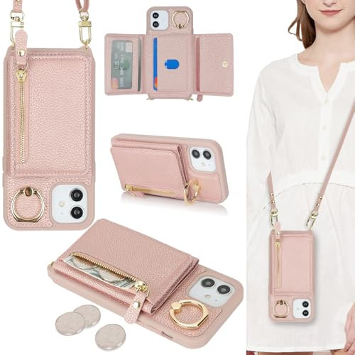 ELTEKER Handyhülle für iPhone 12/12 Pro Hülle mit Band Kartenfach Ringhalterung Geldbörse,Leder Klapphülle Umhängetasche Handytasche für iPhone 12/12 Pro - roségold