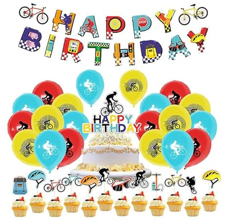 Damoff Bike Party Deko: 18 Cycling Luftballons, 13 Fahrrad Kuchen Topper, 1 Bicycle Geburtstag Banner - Blau, Radfahren Geburtstag Deko