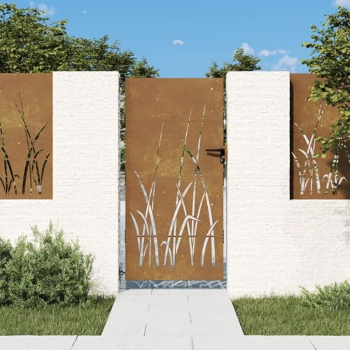 IKAYAA Gartentür Metall Gartentor 200 cm hoch Gartentor Metall inkl Pfosten mit Schloss Türklinke und Schlüssel-Rostig-85 x 200 cm-2