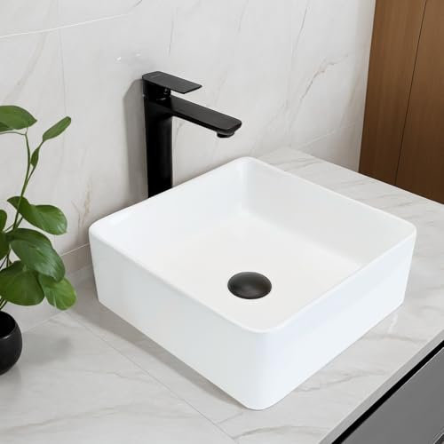 NUESTRA VIDA Lavabo sobre Encimera Lavabo Cuadrado Moderno Cerámica Blanco Lavamanos Baño Fácil de Limpiar 370 × 370 × 130 mm