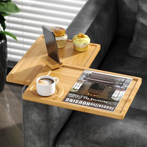 NiHome 2 Tier Bamboo Couch Armrest Table Tray Rotatable, Adjustable Sofa Arm Rest Tray, Sofa Side Table for Straight-Arm Sofas, Stable Metal Plate with Cup Holder, Phone Stand, Waterproof (Yellow)