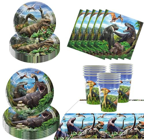 51 Pezzi Dinosauri Stoviglie per Feste di Compleanno,Dinosauri Compleanno,Addobbi Compleanno Dinosauri,Piatti Carta,Tovaglia,Adatto a Ragazzi e Ragazze