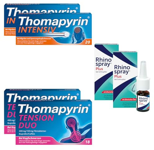 Thomapyrin INTENSIV 3-fach Kombination bei Kopfschmerzen und Migräne 2 x 20 Stk + Thomapyrin TENSION DUO bei Erkältungskopfschmerz 2 x 18 Stk + Rhinospray PLUS bei Nasenspray bei Schnupfen 2 x10 ml