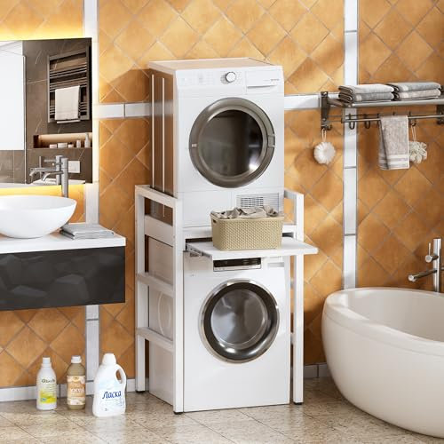 MSFE Regal über Waschmaschine mit Regalbrett, Höhenverstellbarer Wäschetrocknerständer, Verbindungsrahmen Kit für Waschmaschine & Trockner,Tragfähigkeit 350 kg,Patentiertes Produkt,73 * 64 * 115cm