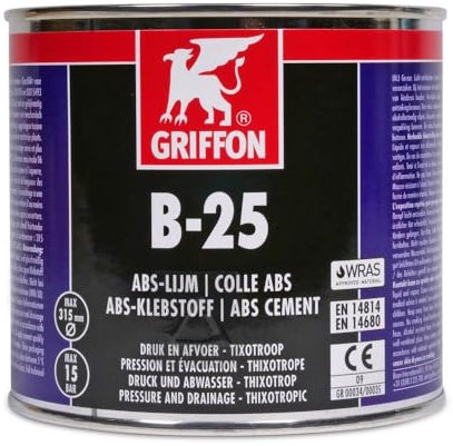 Griffon ABS-Klebstoff B-25 - Thixotroper Spaltfüllender Kleber für Rohre Muffen Fittings - Für Druck- und Abwassersysteme - 500 ml Dose - Grau