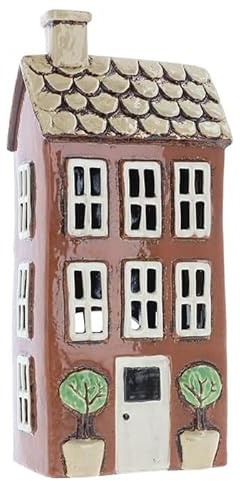 Lichthaus | Teelichthaus | Lichterhaus | Teelichthalter | Kerzenhalter | Keramik (Braun/Grau 28x12,8x8,5 cm)