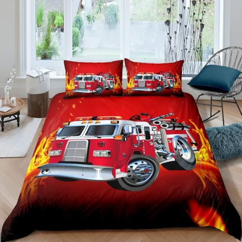 RZPFQB Feuerwehrauto Kinder Bettwäsche 135x200 Bettwäsche Set für Teens Jungen Mädchen Kinderbettwäsche Feuerwehrmann Auto Fahrzeug Bettbezug Set Rot Microfaser Bettwäscheset