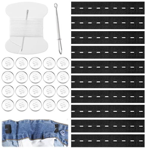 LIQWEI 10 Stück Gummiband mit Knopfösen, 25cm Hosenversteller Elastisch Hosenbund Hosen Taillenspanner Flaches Nähband Gummiband Hosenbund Enger Machen für Hosen Jeans Rock Damen Herren(Schwarz)