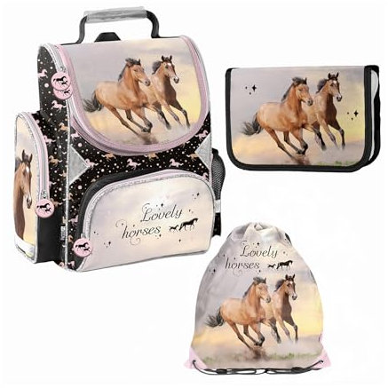 PASO- Schulranzen für Jungen und Mädchen, 4er-Set - Schul-Rucksack für Kinder mit Federmäppchen - Schuhbeutel und Hausaufgabenheft - Pferd Motiv- 1-3 Klasse